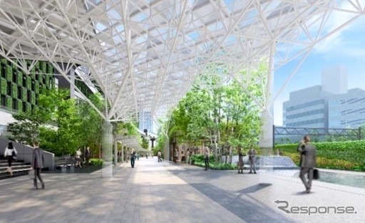 E:芝浦エリアの歩行者専用道路のイメージ(首都高速道路付近)。《画像提供 JR東日本》