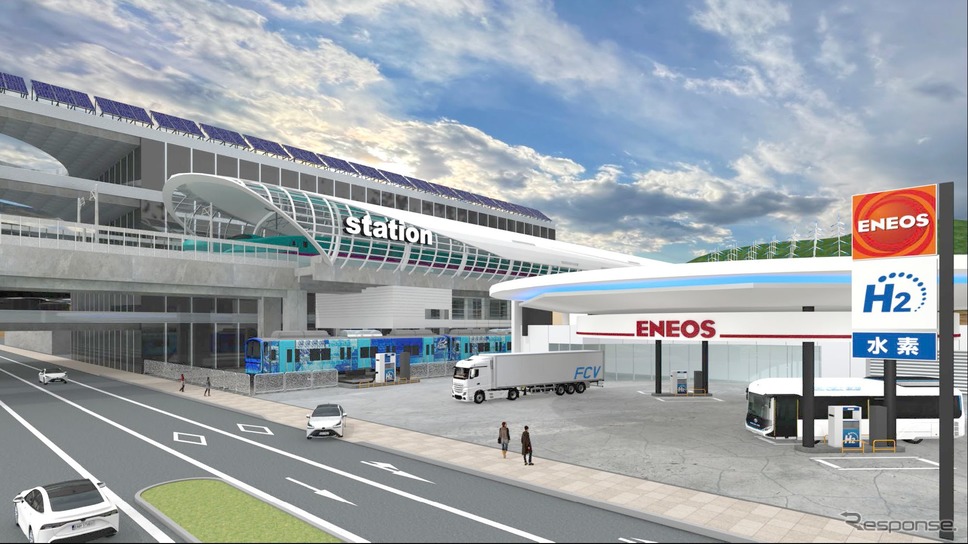 JR東日本とENEOSが共同で開発する総合水素ステーションのイメージ。電車のほか、バスやトラックを含めた燃料電池車や駅周辺施設へもCO2フリー水素を供給する総合的施設とすることが想定されている。《写真提供 東日本旅客鉄道、ENEOS》