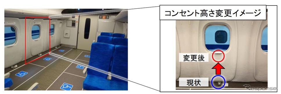 車椅子スペースの改良点。コンセントの位置が窓に近い位置に移される。《資料提供 東海旅客鉄道》