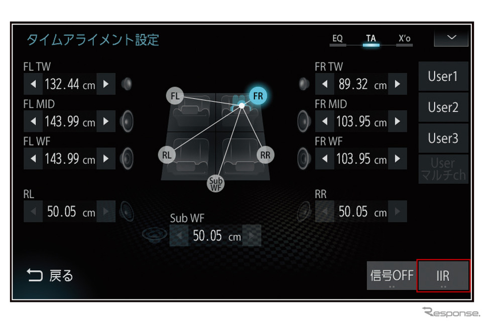 『ダイヤトーンサウンドナビ』の「マルチウェイ・タイムアライメント」の設定画面。Photo by 三菱電機