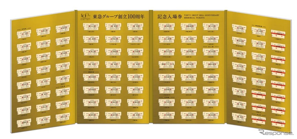 現行85駅のB型硬券と、2023年3月に開業する相鉄・東急直通線に新設される新横浜・新綱島の各駅、廃止された並木橋・工業都市・新太田町・神奈川・高島町・桜木町・桐ケ谷・調布大塚・本門寺道各駅のレプリカ入場券がセットになった「東急グループ創立100周年記念入場券セット」。レプリカ券は懐かしい赤線入り。現行駅の入場券は各駅2023年3月31日まで1回限り有効。《写真提供 東急グループ》