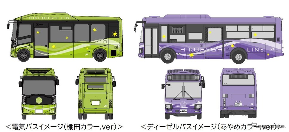 「おりひめの羽衣」をイメージした日田彦山線BRT車両の基本デザイン。電気バスは災害時の非常用電源としても活用されるという。《資料提供 九州旅客鉄道》