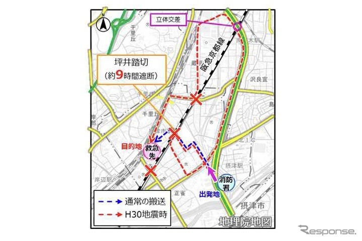大阪北部地震での踏切の長時間遮断の発生《資料提供 国交省》