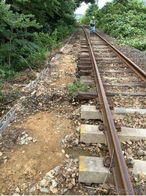 道床が流出した津軽線大平〜津軽二股間。《写真提供 東日本旅客鉄道盛岡支社》