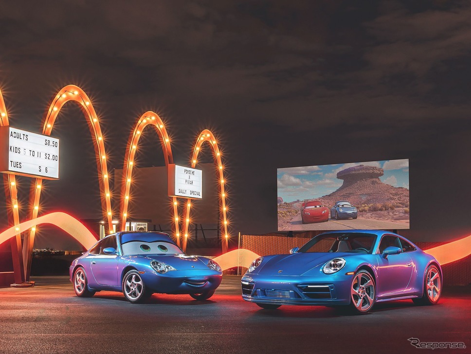 ポルシェ 911 サリー・スペシャル(右)と映画『カーズ』に登場するキャラクターの「サリー・カレラ」《photo by Porsche》