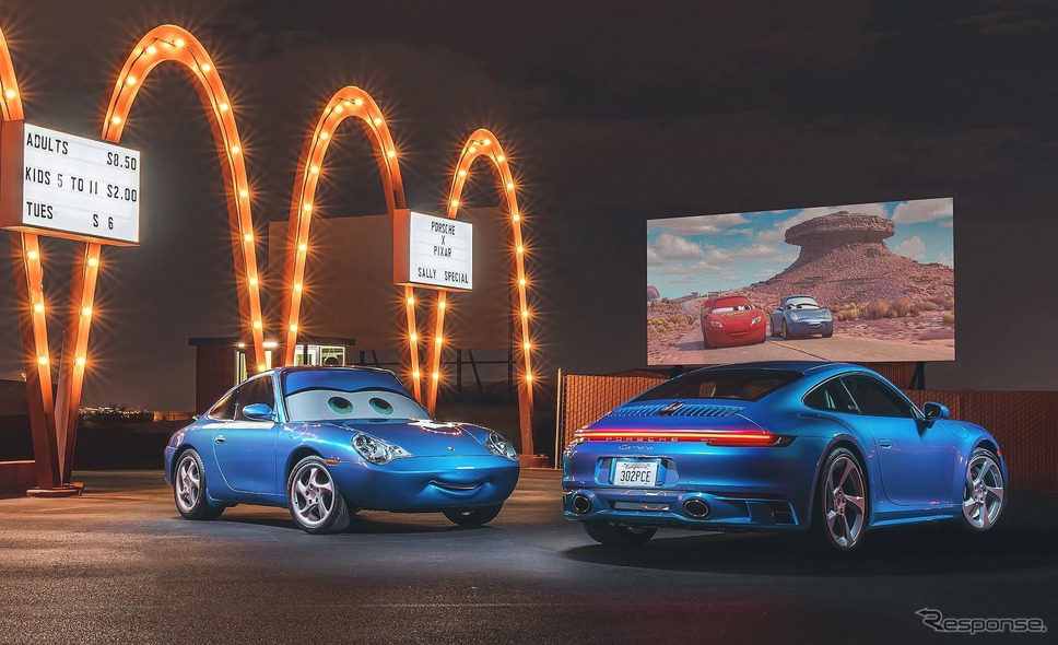 ポルシェ 911 サリー・スペシャル(右)と映画『カーズ』に登場するキャラクターの「サリー・カレラ」《photo by Porsche》