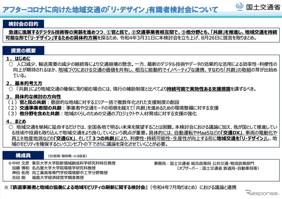 アフターコロナに向けた地域交通の「リ・デザイン」有識者検討会について《資料提供 国交省》