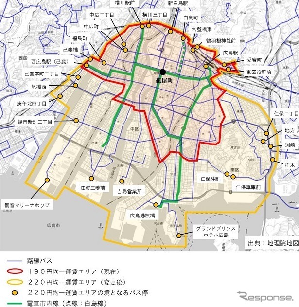 220円の均一共通運賃エリア（黄色の枠）。《資料提供 広島電鉄》