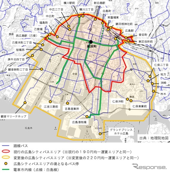 「広島シティパス」の利用拡大エリア（黄色の枠）。《資料提供 広島電鉄》