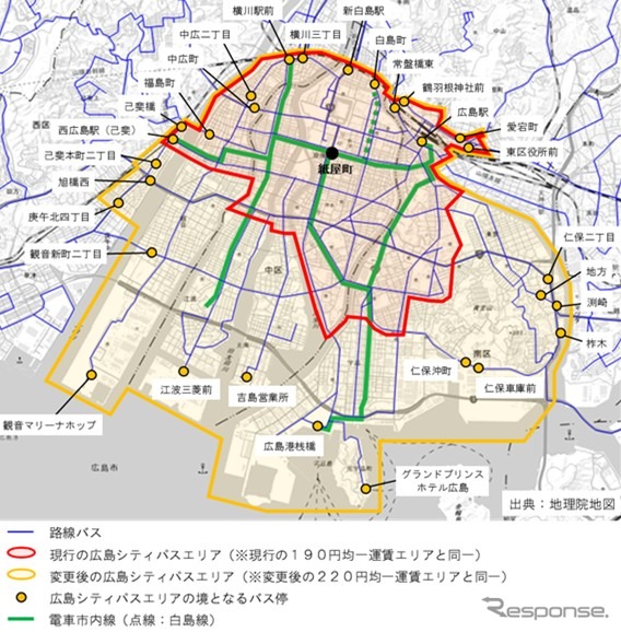 「広島シティパス」の利用拡大エリア（黄色の枠）。《資料提供 広島電鉄》