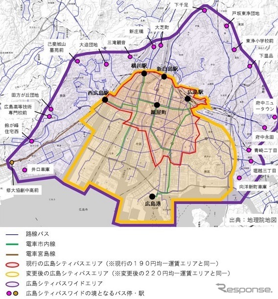 「広島シティパスワイド」の利用エリア。《資料提供 広島電鉄》