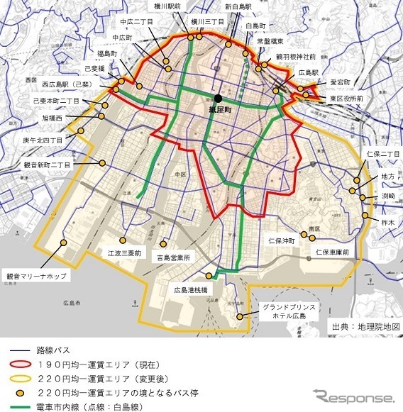 「デジタルシティパス」の利用範囲。《資料提供 広島電鉄》