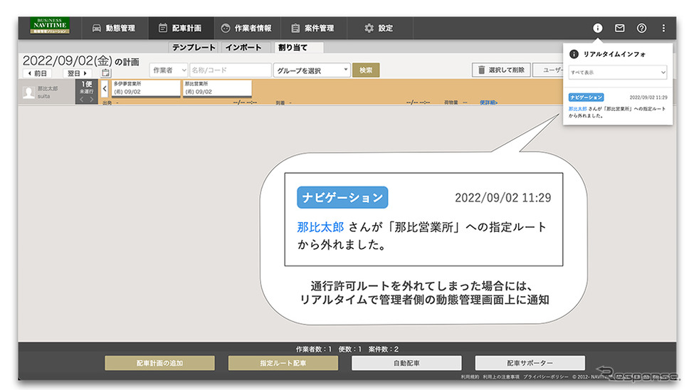 ドライバーが通行許可ルートを外れた場合の管理者への通知画面《画像提供 ナビタイムジャパン》