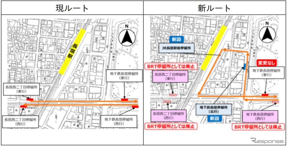 長居ルートの変更箇所。JR長居駅前を経由する新ルートは現ルートの北側を迂回する形となる。なお廃止される現ルートの3停留場については、一般路線バスの停留場は存置される。《資料提供 大阪市高速電気軌道》