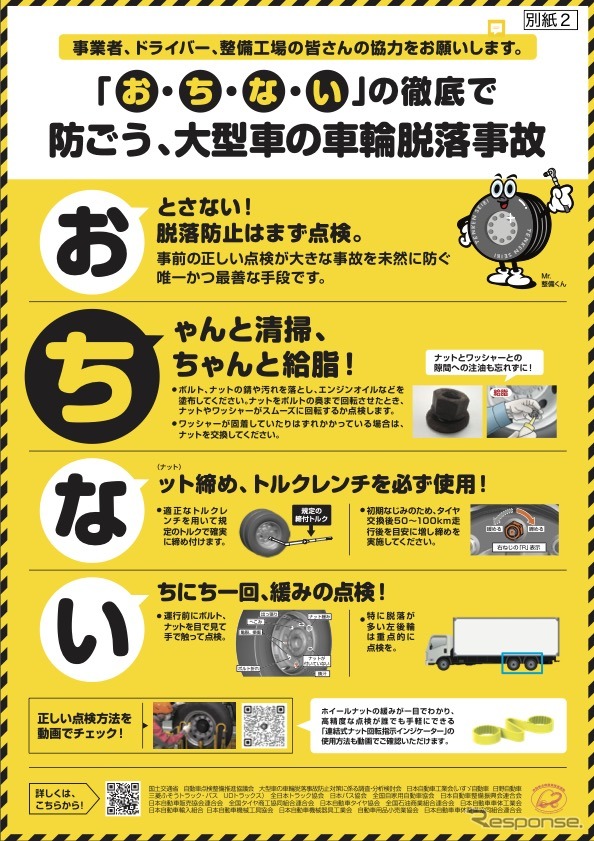 大型車ユーザーに対してタイヤ脱着時のホイール・ナットの保守管理を訴求するチラシ《資料提供 国土交通省》