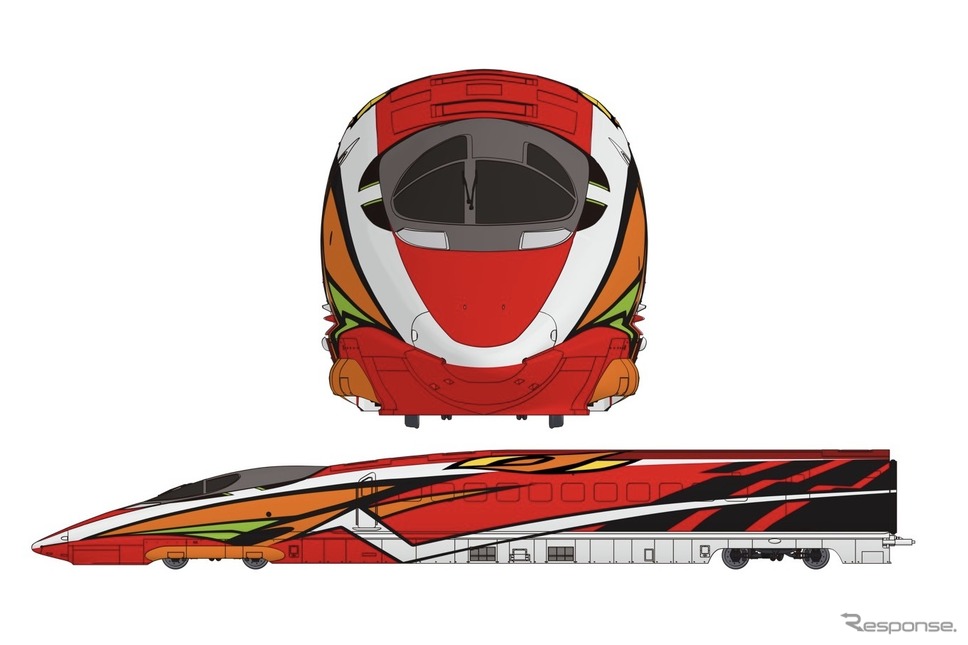 京都鉄道博物館に登場する「500 TYPE EVA-02」仕様のラッピングデザイン。《画像提供 株式会社タカラトミー》