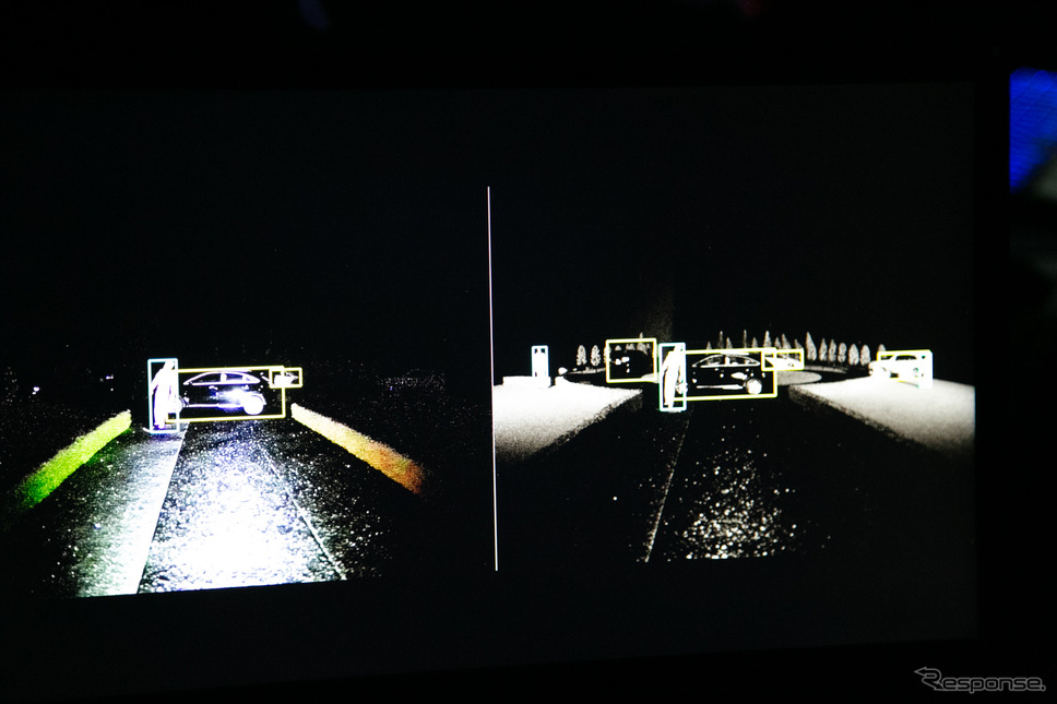 可視光画像（画像左）と、フュージョン認識AI技術を用いた画面（画像右）
