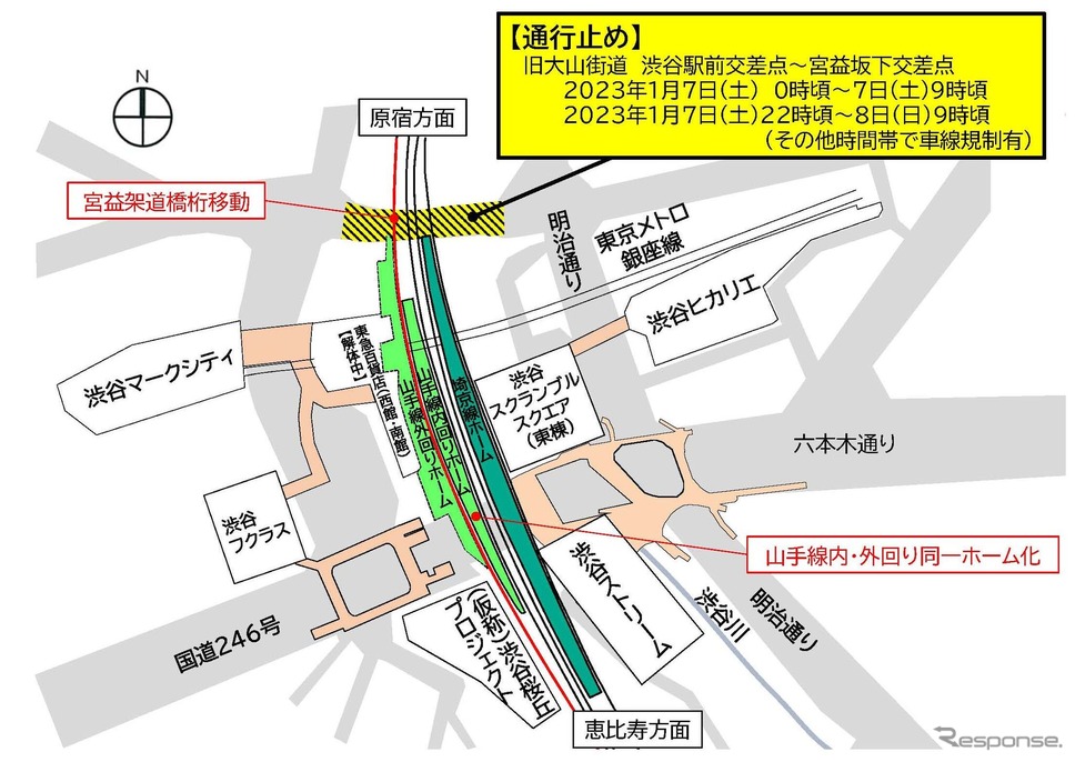 第4段階の工事により、旧大山街道(渋谷駅前交差点〜宮益坂下交差点)が2023年1月7日0〜9時頃・22時頃〜1月8日9時頃に通行止めとなり、その他の時間帯でも車線規制が行なわれる。《資料提供 東日本旅客鉄道首都圏本部》