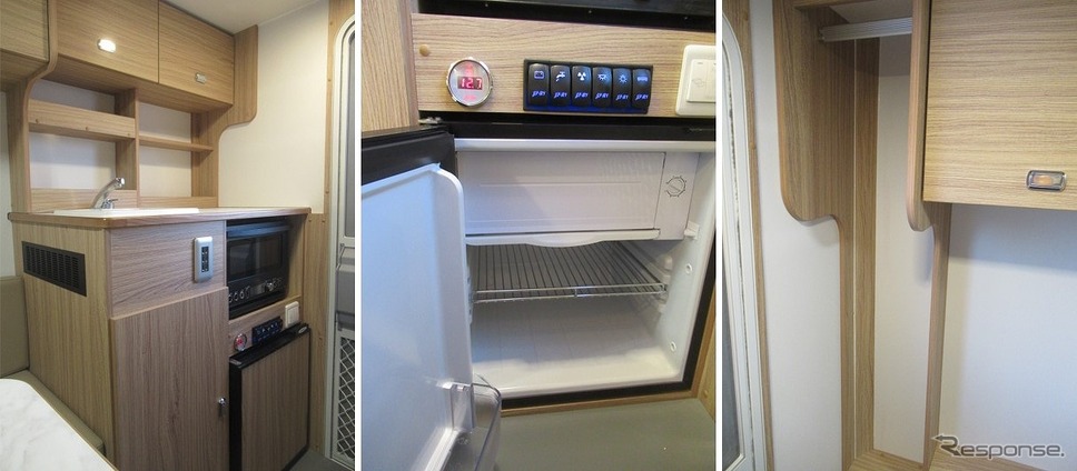 キッチン（左）冷蔵庫（中央）ハンガーラック（右）《写真提供 Precious Most RV》