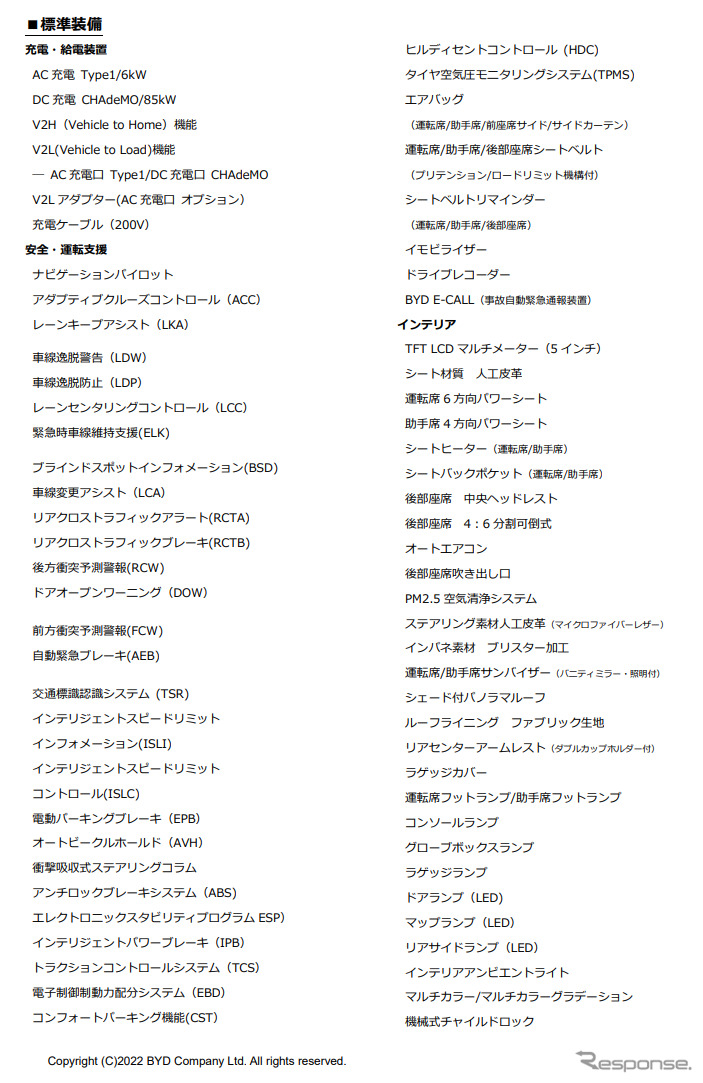 BYD ATTO 3 装備一覧 1/2《画像 BYDオートジャパン》