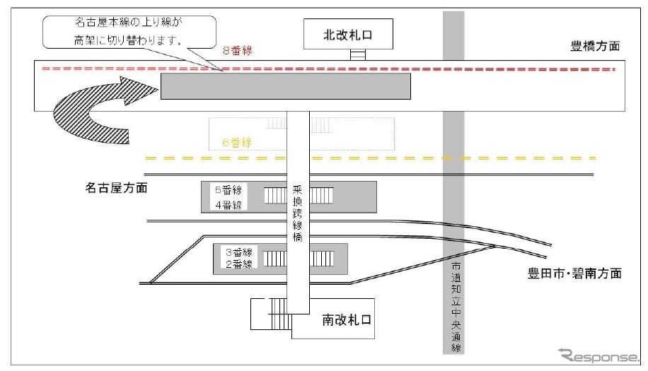 名古屋本線上り線移設の平面概要。《資料提供 名古屋鉄道》