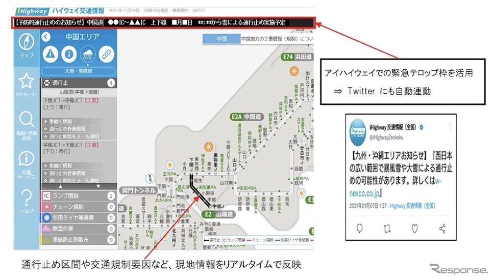 アイハイウェイ画面上部のテロップ枠に注目すべき情報を掲載《写真提供 NEXCO西日本》