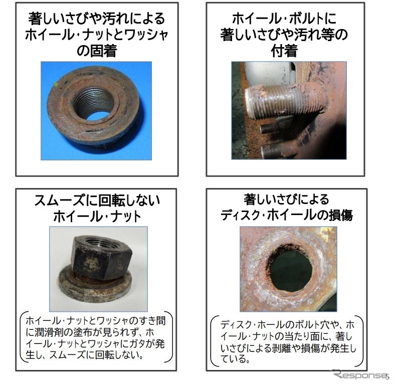 車輪脱落事故の調査で確認された各部品の劣化・損傷事例《資料提供 国土交通省》