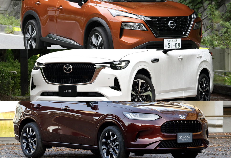 日産 エクストレイル、マツダ CX-60、ホンダ ZR-V(上から)《写真撮影 中野英幸、雪岡直樹》
