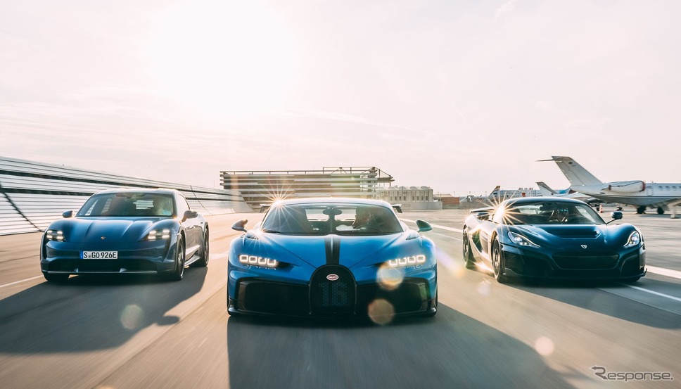 ポルシェ・タイカン とブガッティ・シロン と リマック・ネヴェラ《photo by Bugatti》