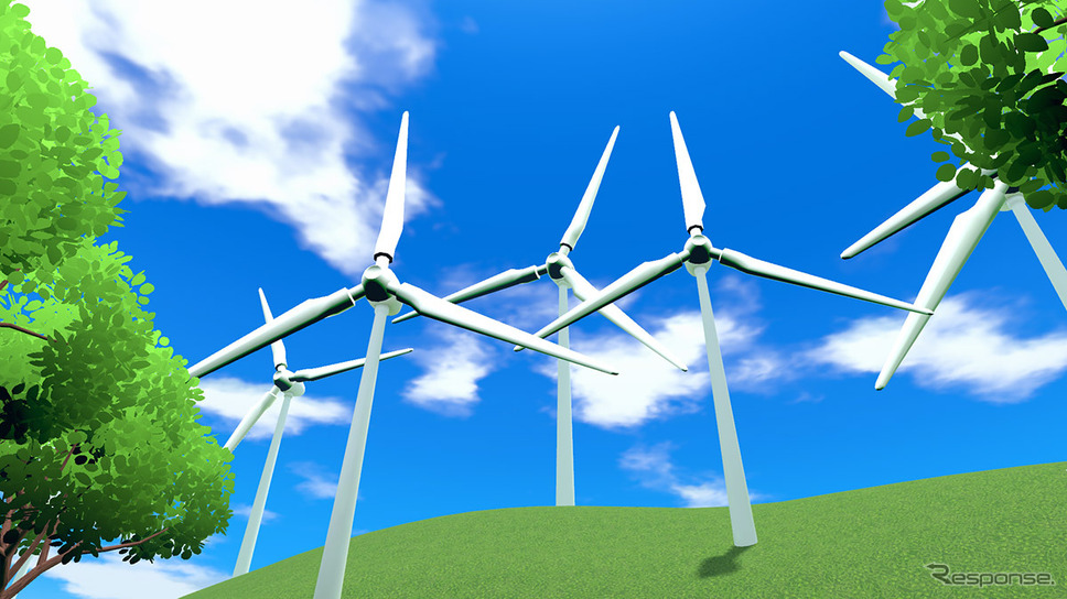 青空にそびえ立つ風力発電。回さないと電気は得られない。出典:レスポンス