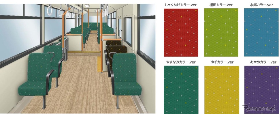 日田彦山線BRT車両のインテリアデザイン。シートは「ひこぼし」を散りばめたデザインを基本に、エクステリアと同じく6色展開に。床は木目を活かした明るいものとし「乗ることの楽しさやわくわく感」を創出するという。《資料提供 九州旅客鉄道》