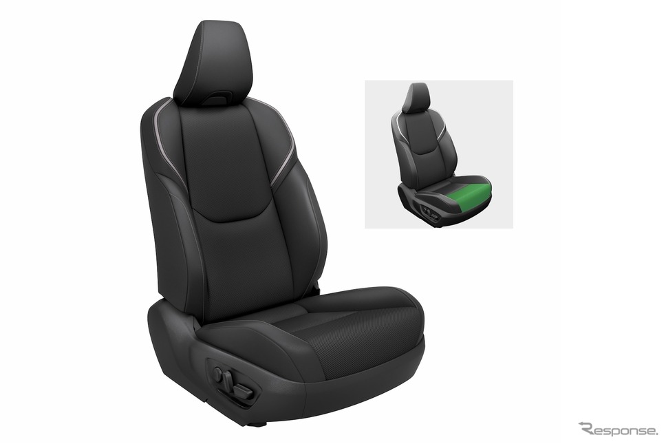 導電性表皮材の使用部分(緑色、合成皮革シート。上級ファブリックシートでは異なる)《写真提供 アキレス / トヨタ自動車》