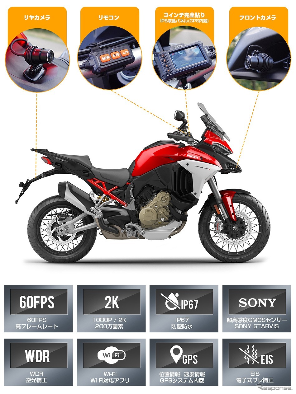 二輪用前後2カメラドライブレコーダー「AKY-998GX」《画像提供 慕晟》