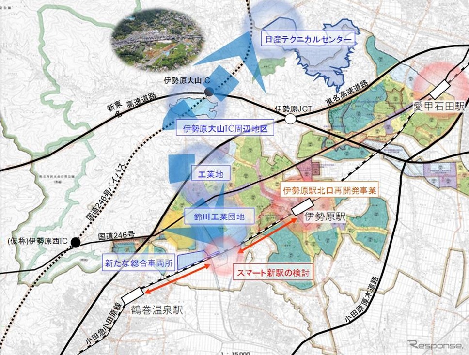 新たな総合車両所と新駅の位置関係。《資料提供 小田急電鉄、神奈川県伊勢原市》