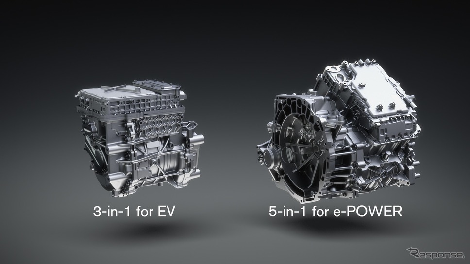 EV用の新開発電動パワートレイン「3-in-1」(左)とe-POWER用の「5-in-1」《写真提供:日産自動車》