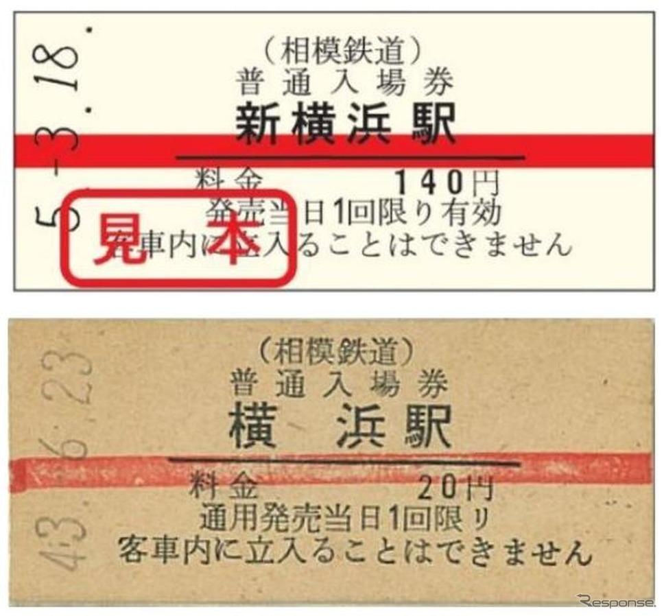 発売される赤帯入場券のイメージ(上)。下はかつての赤帯入場券。《写真提供 相模鉄道》