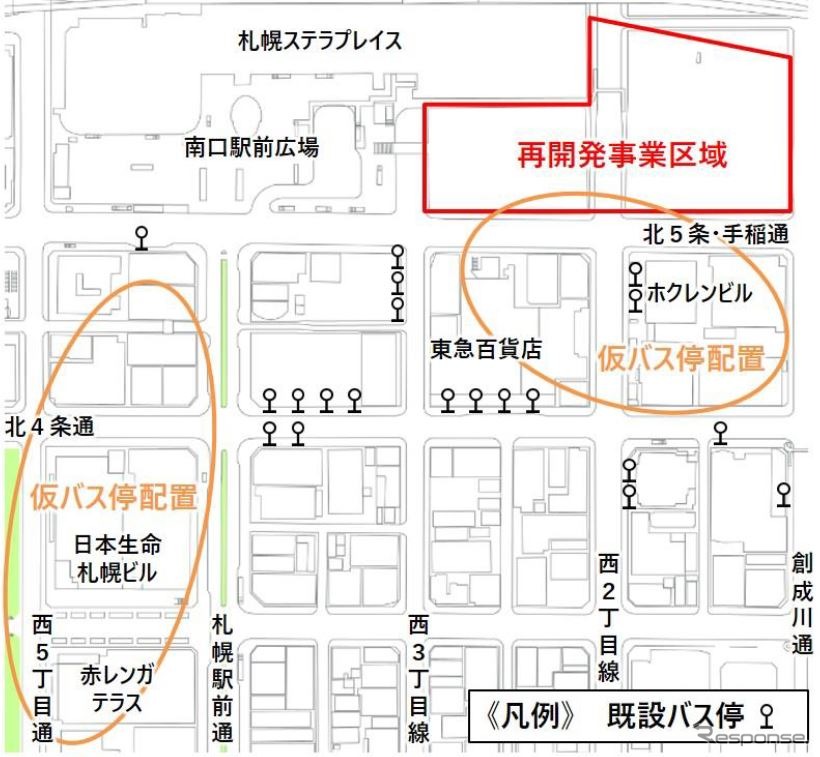バスターミナル閉鎖後の仮バス停の位置。《資料提供 北海道旅客鉄道》