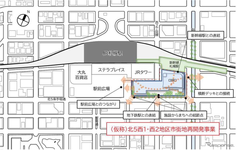 「北5西1・西2地区第一種市街地再開発事業」の整備位置。《資料提供 北海道旅客鉄道、札幌駅総合開発、ジェイアール北海道バス、JR北海道ホテルズ》