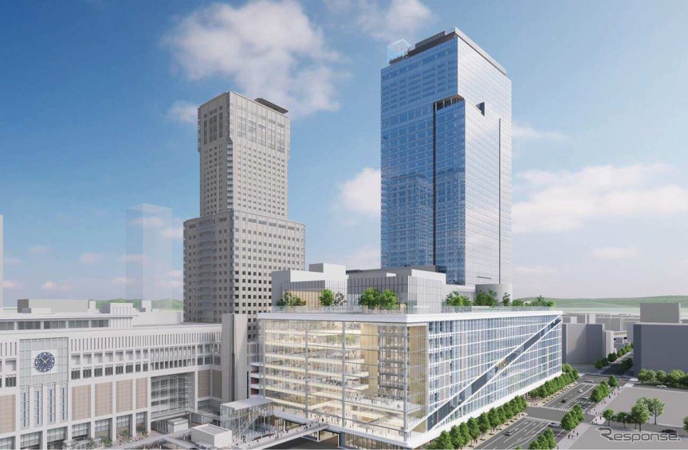 「札幌エスタ」と東側の札幌市所有地に建てられる大型高層施設のイメージ。《画像提供 北海道旅客鉄道、札幌駅総合開発、ジェイ・アール北海道バス、JR北海道ホテルズ》