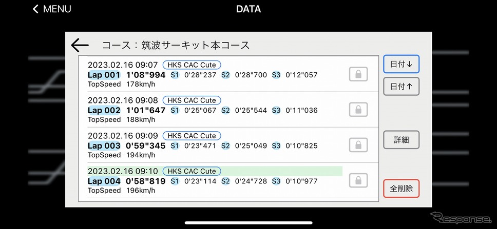 走行データを選択し、詳細をタップ《写真提供:HKS》