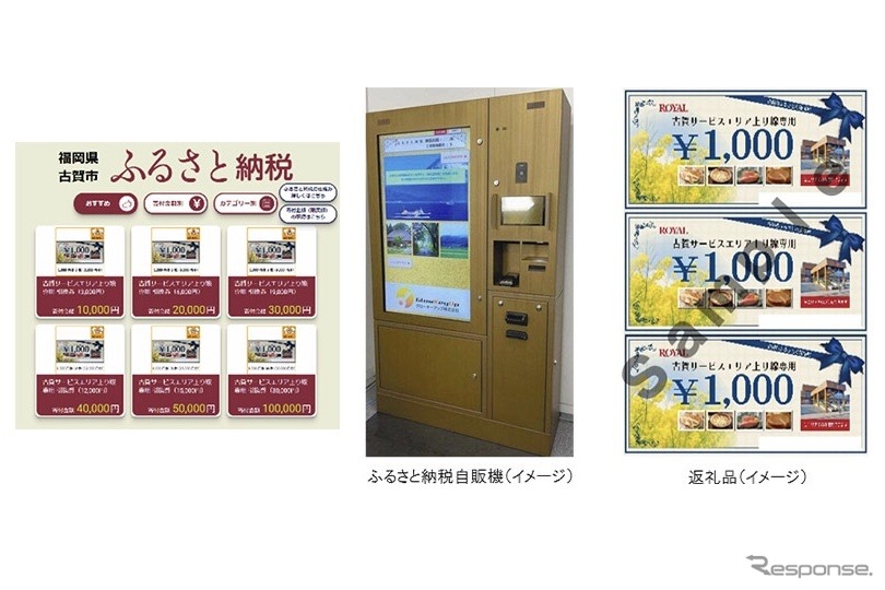 左からタッチパネル画面、ふるさと納税自販機（イメージ）、返礼品（イメージ）《写真提供 NEXCO西日本》