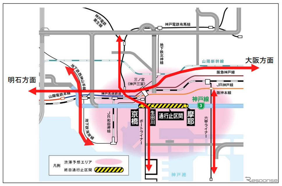 通行止め区間周辺の主な公共交通機関《図版提供：阪神高速道路》