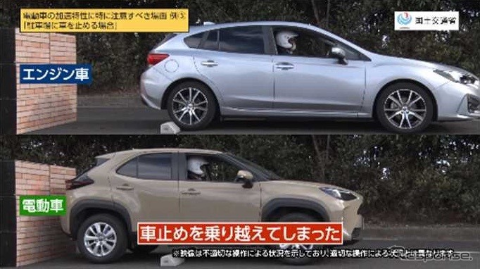 運転する時の注意点：駐車時　※実験は不適切な操作の状況がが分かるように操作《画像提供 国土交通省》