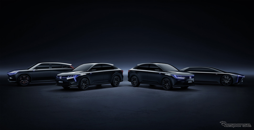左からホンダ e:N SUV 序、e:NS2プロトタイプ、e:NP2プロトタイプ、e:N GTコンセプト《写真提供:本田技研工業》