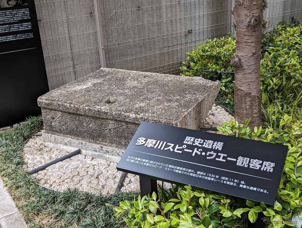 日本発の常設サーキット「多摩川スピードウエー」の観客席の一部が移設された《写真撮影 中村孝仁》