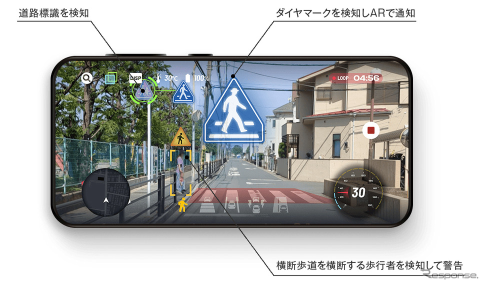 AIによる画像認識で、道路標示・標識や歩行者を検知して通知《写真提供：ナビタイムジャパン》