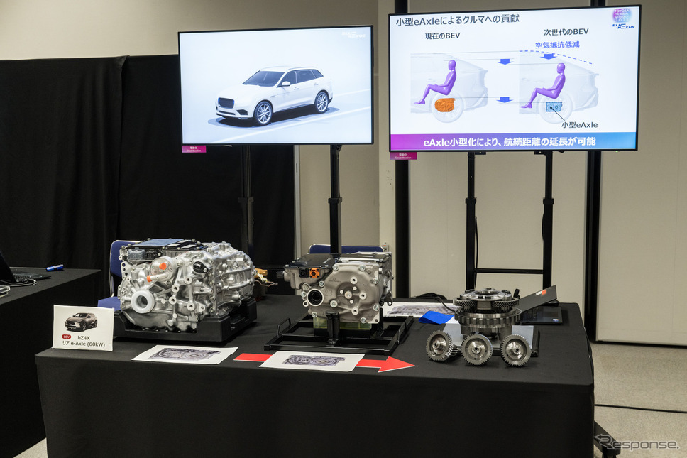 小型eAxle。左が現在『bZ4X』に搭載されるもので、さらに小型化が見込まれる《写真提供 トヨタ自動車》
