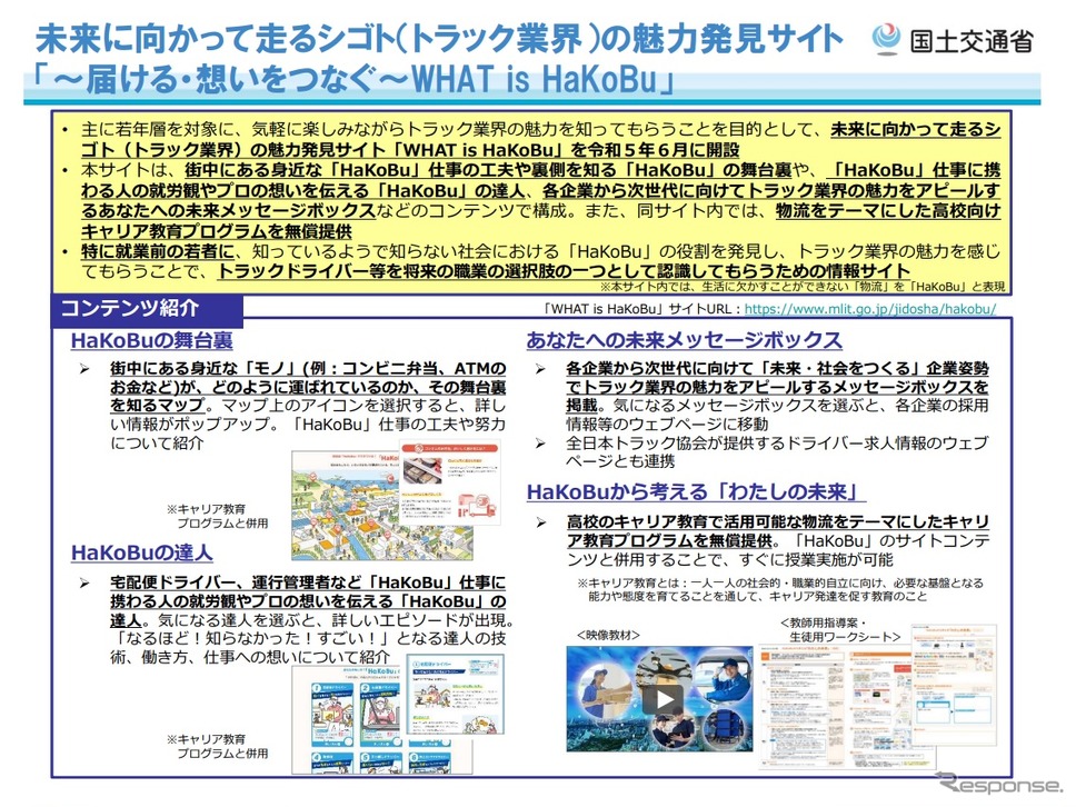トラック業界魅力発見サイト「〜届ける・想いをつなぐ〜 WHAT is HaKoBu 」の概要《資料提供 国土交通省》