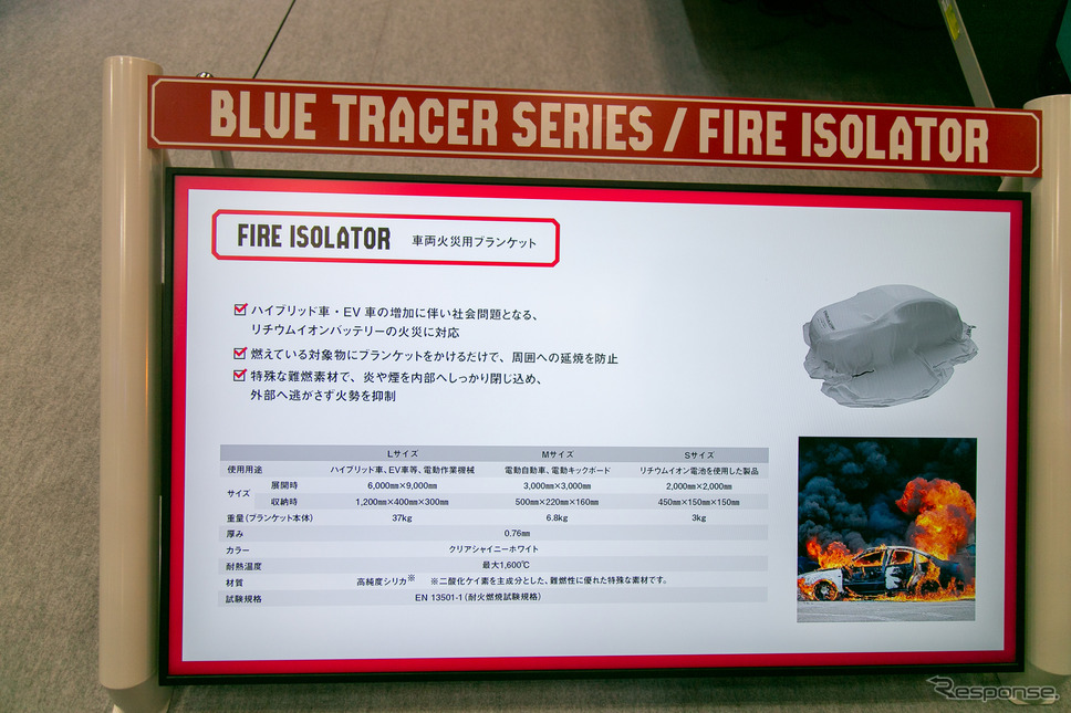 現代ならではの防災用品、リチウムイオンバッテリー火災用のブランケット…東京国際消防防災展2023
