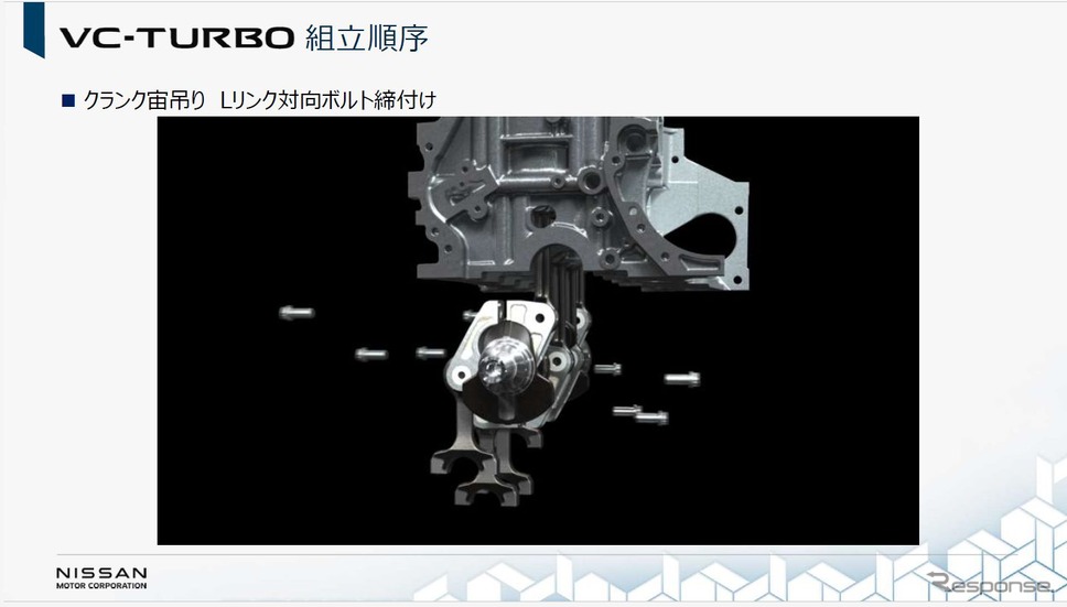 Lリンクは負荷もかかるので対向ボルドで固定。このためピストン以下を宙づりで作業できるように治具も開発された《写真提供 日産自動車》